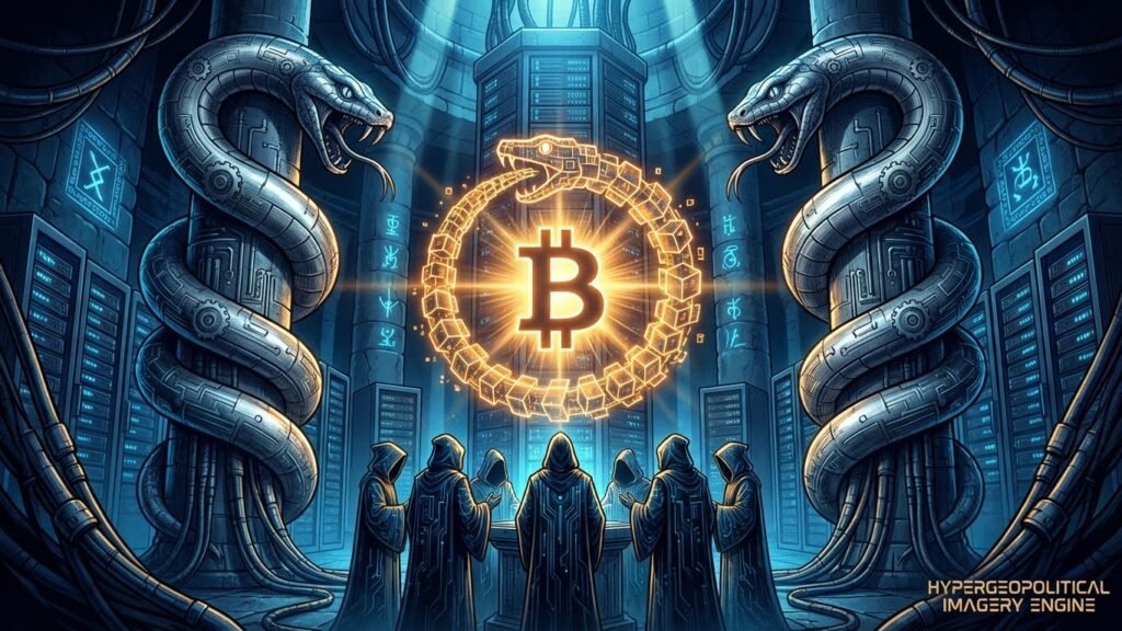 Templo hipergeopolítico com serpentes metálicas guardando um núcleo digital onde um Ouroboros de blockchain envolve o símbolo do Bitcoin iluminado.