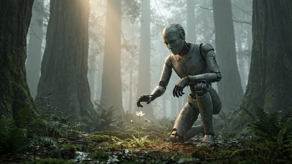 Humanoide robótico ajoelhado em uma floresta observa uma flor solitária no chão, sugerindo o conflito entre inteligência artificial e responsabilidade moral.