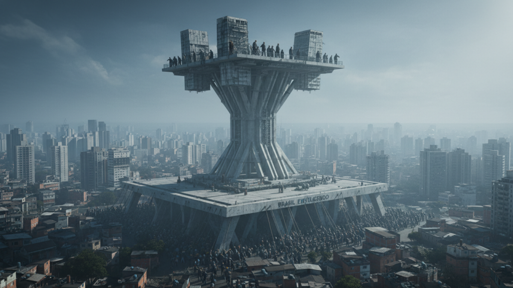 Pirâmide etária brasileira invertida, representada como um edifício instável com idosos no topo e jovens na base, simbolizando o risco estrutural da transição demográfica.