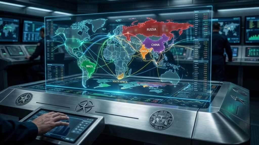 Representação hipergeopolítica do BRICS como eixo de convergência multipolar no sistema internacional.