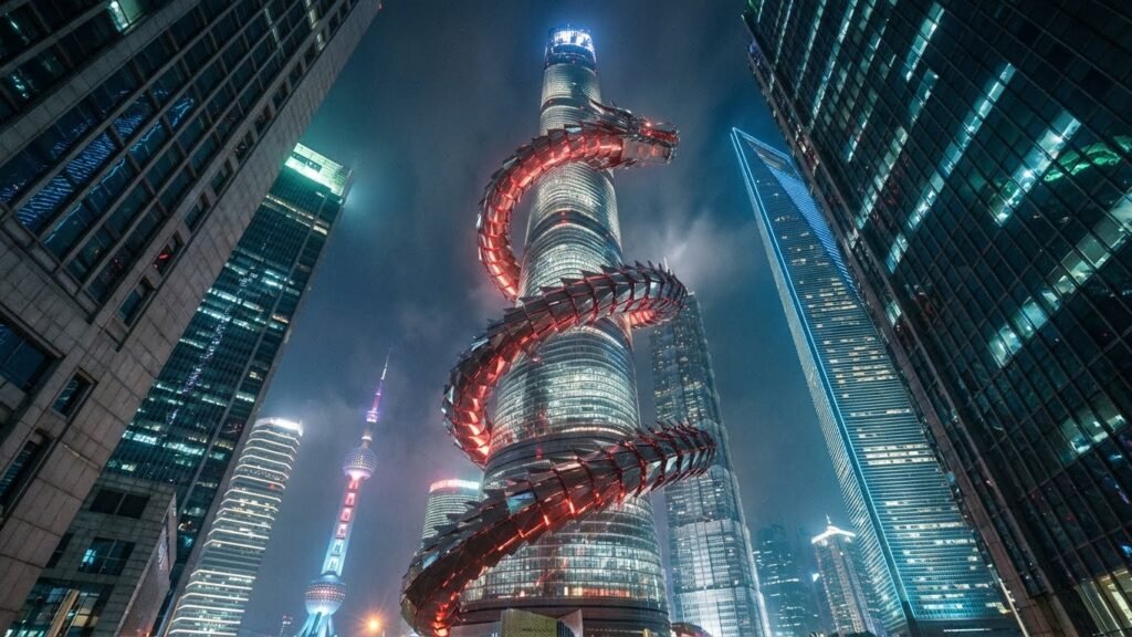 Dragão vermelho estilizado representando a continuidade histórica e civilizacional da China sob o comunismo.