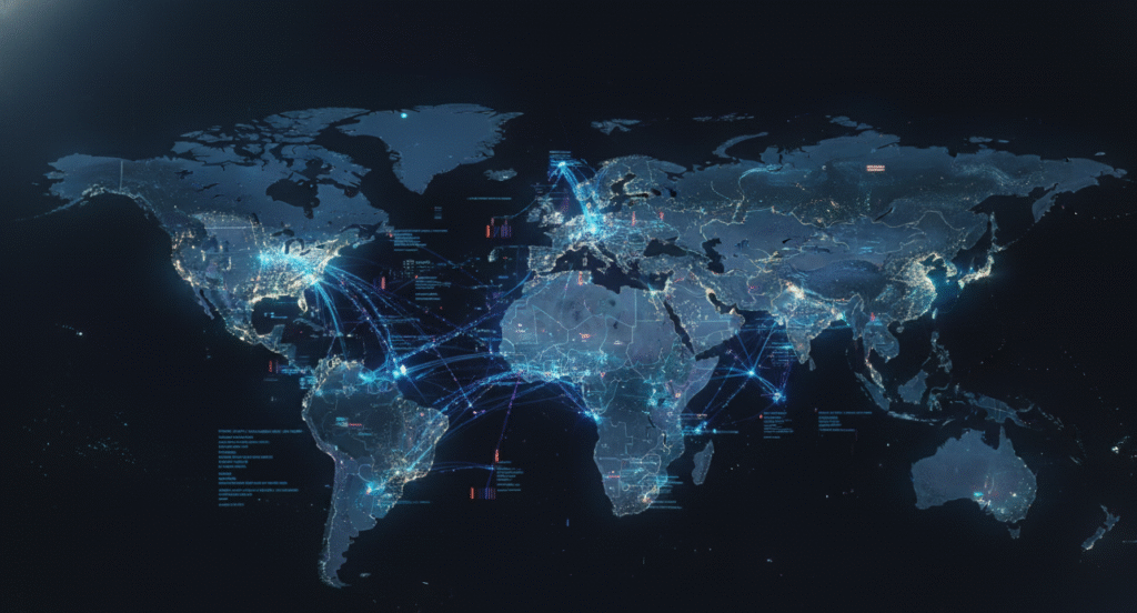 Representação abstrata da guerra informacional e noopolítica digital, com fluxos de dados atravessando o planeta
