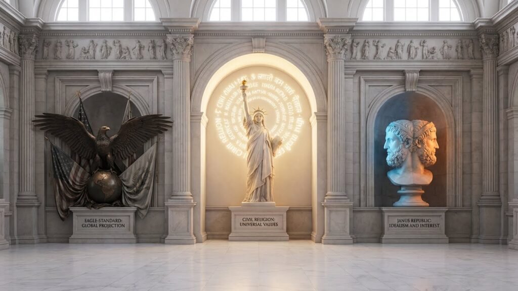 Triptych arquetípico com águia imperial, figura luminosa inspirada na Liberdade e uma cabeça dupla de Jano representando o imperialismo liberal norte-americano.