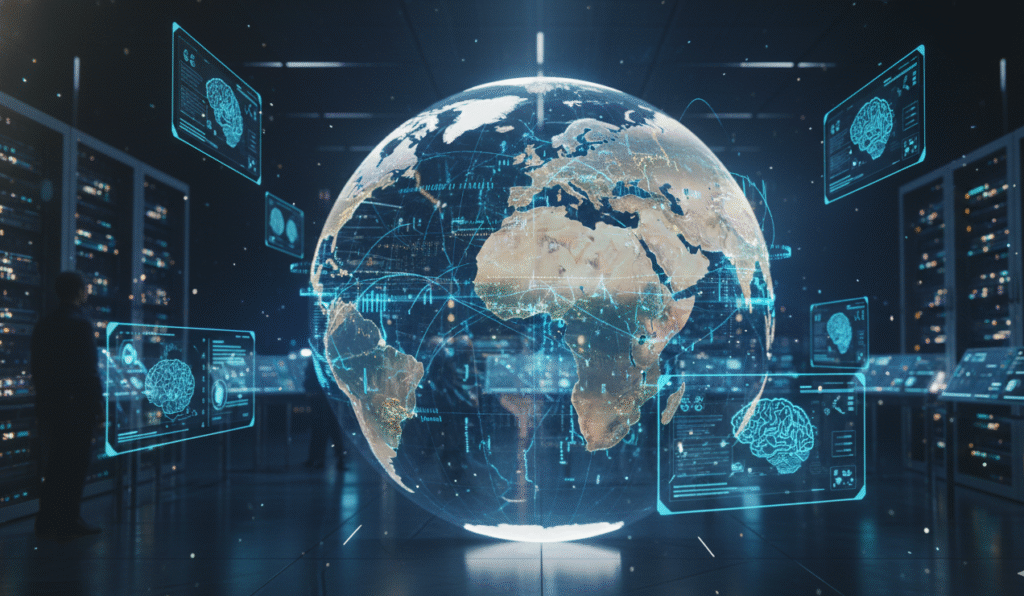 Representação estratégica da inteligência artificial como infraestrutura global, com mapa holográfico, redes neurais e fluxos de dados em ambiente ultratecnológico.