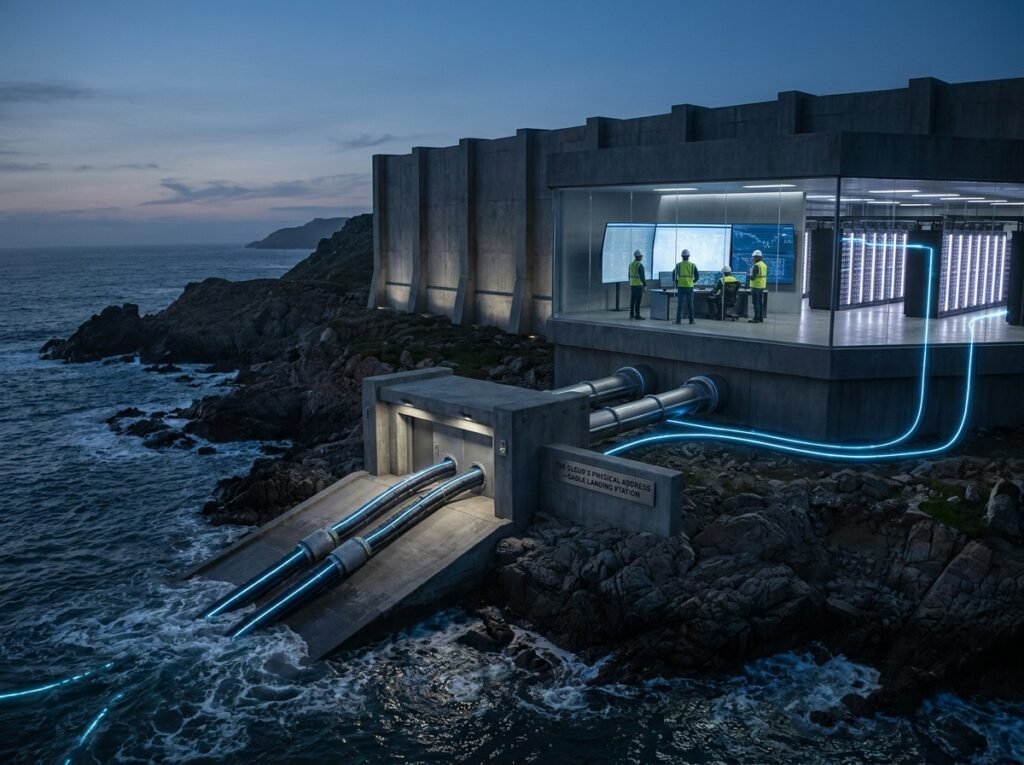 Data center conectado a cabos submarinos que sustentam serviços de nuvem e inteligência artificial.