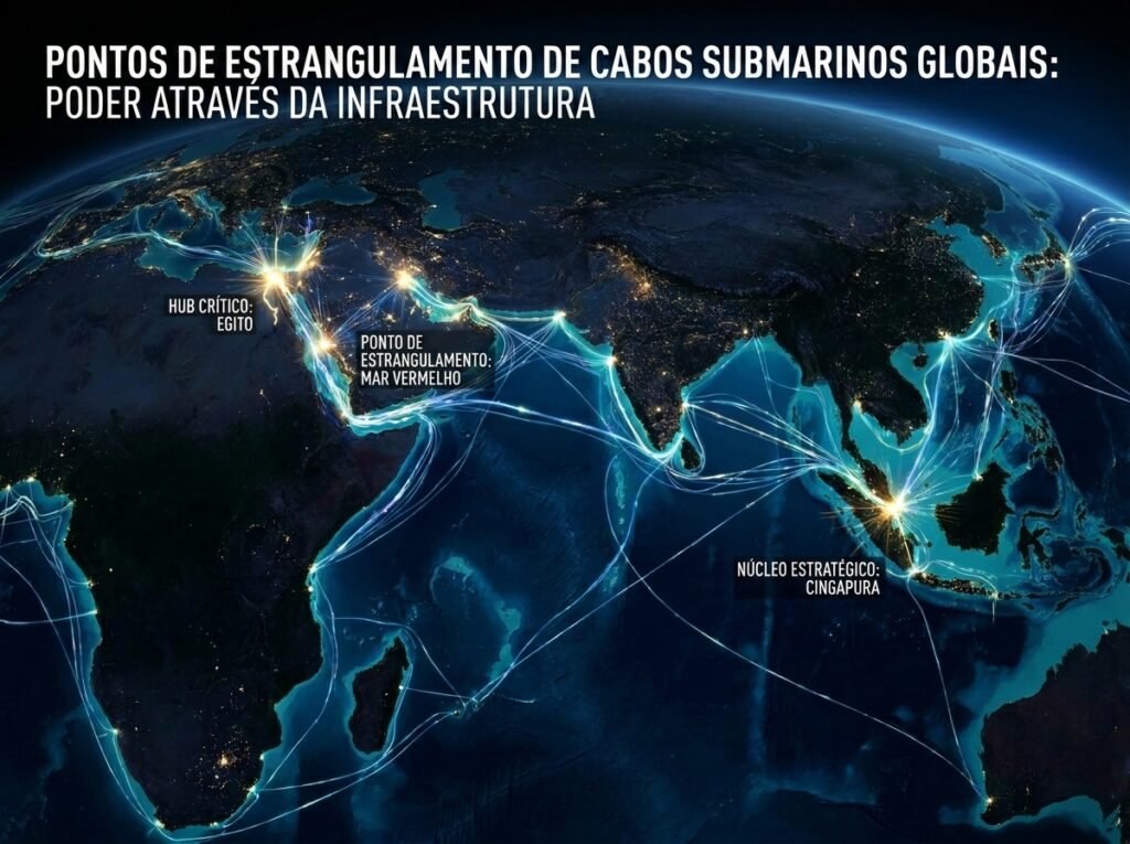 Mapa mundial mostrando cabos submarinos e principais gargalos estratégicos da internet global.