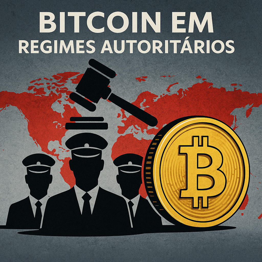 Representação simbólica da adoção do Bitcoin por regimes autoritários, com mapa mundial em vermelho, líderes totalitários em sombra e um Bitcoin dourado centralizado.
