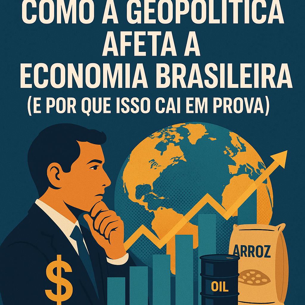 Ilustração digital com um homem pensativo diante de um gráfico crescente, saco de arroz, barril de petróleo e símbolo do dólar, com o globo terrestre ao fundo destacando o Brasil. Representa o impacto da geopolítica na economia brasileira e seus reflexos no cotidiano.
