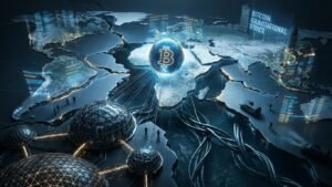 Representação hipergeopolítica do Bitcoin mostrando sua infraestrutura global, fluxos de poder digital e posição como reserva de valor em 2026.