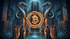 Templo hipergeopolítico com serpentes metálicas guardando um núcleo digital onde um Ouroboros de blockchain envolve o símbolo do Bitcoin iluminado.