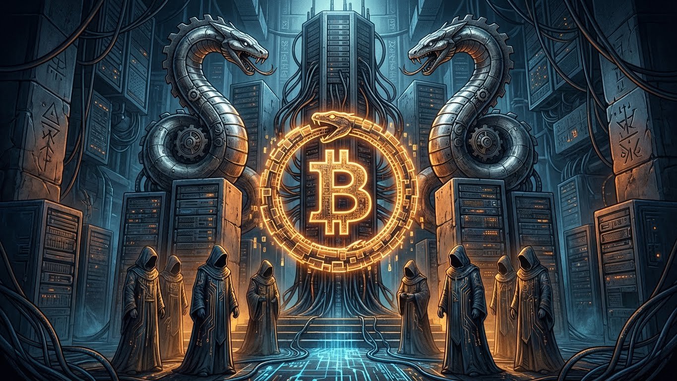Templo hipergeopolítico com serpentes metálicas guardando um núcleo digital onde um Ouroboros de blockchain envolve o símbolo do Bitcoin iluminado.