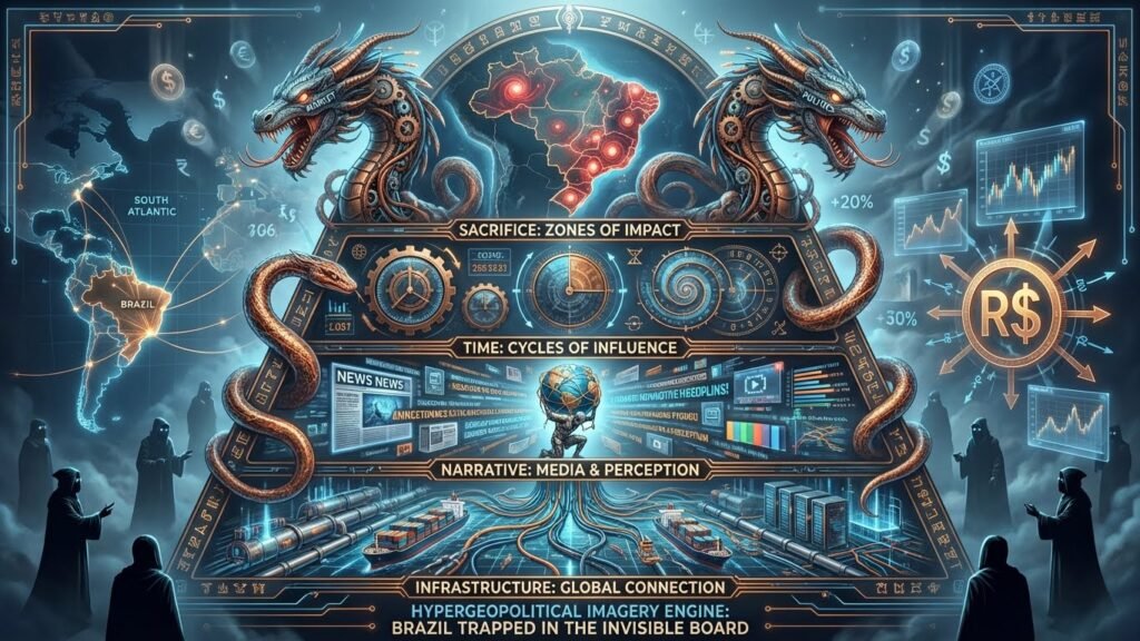 Representação hipergeopolítica da economia brasileira: mapa do Brasil conectado a cabos, fluxos financeiros holográficos e forças externas moldando o tabuleiro econômico global.