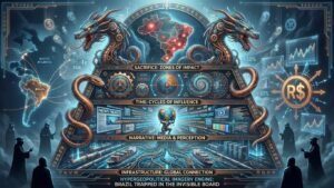 Representação hipergeopolítica da economia brasileira: mapa do Brasil conectado a cabos, fluxos financeiros holográficos e forças externas moldando o tabuleiro econômico global.