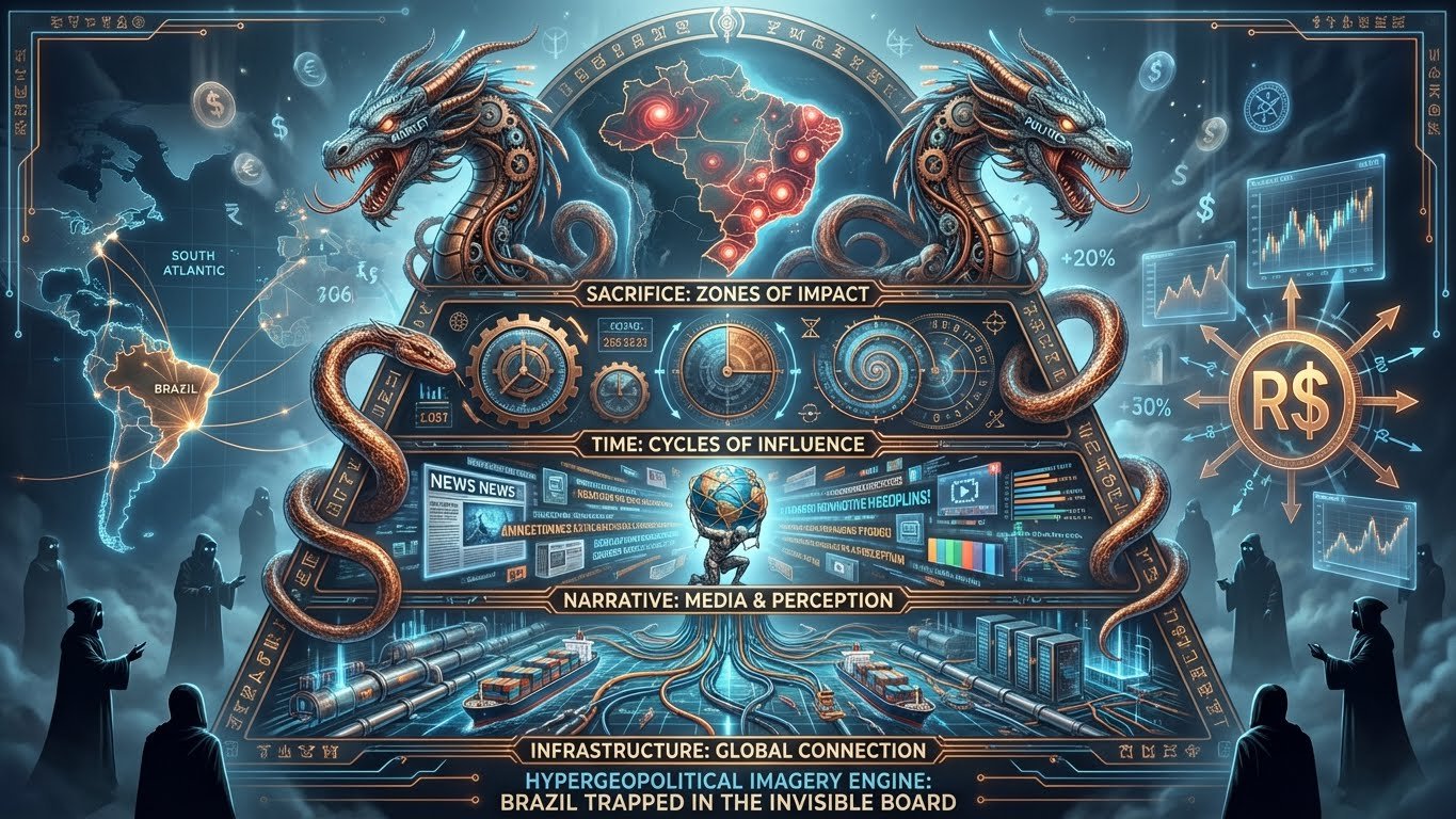 Representação hipergeopolítica da economia brasileira: mapa do Brasil conectado a cabos, fluxos financeiros holográficos e forças externas moldando o tabuleiro econômico global.