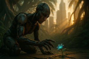Humanoide de aparência robótica ajoelhado em floresta observa uma flor solitária com expressão de tristeza, simbolizando o conflito entre inteligência artificial e consciência moral.