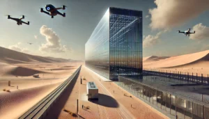 Vista ampla de cidade inteligente privada no deserto com prédios de vidro, drones e infraestrutura de vigilância – inspiração em Neom e Dubai.