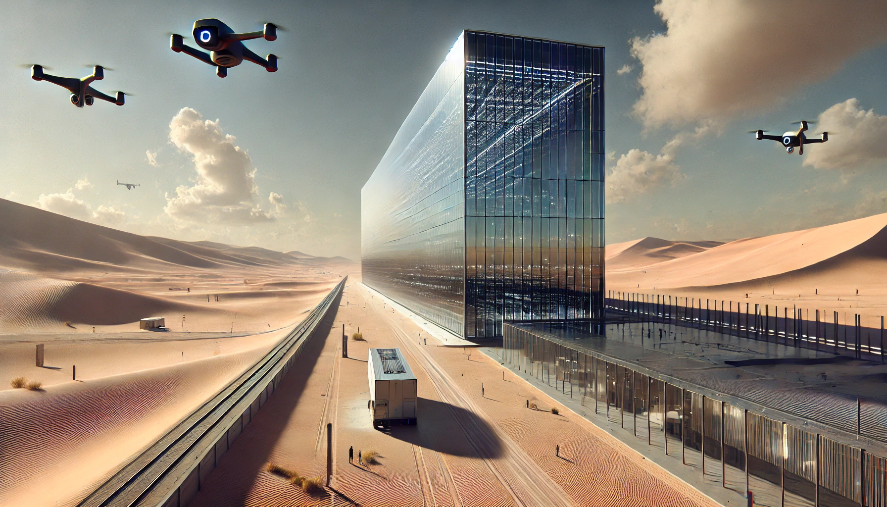Vista ampla de cidade inteligente privada no deserto com prédios de vidro, drones e infraestrutura de vigilância – inspiração em Neom e Dubai.