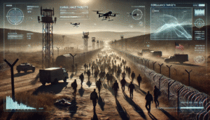 Multidão de migrantes caminhando sob vigilância digital em uma fronteira militarizada, simbolizando o uso das migrações como arma geopolítica