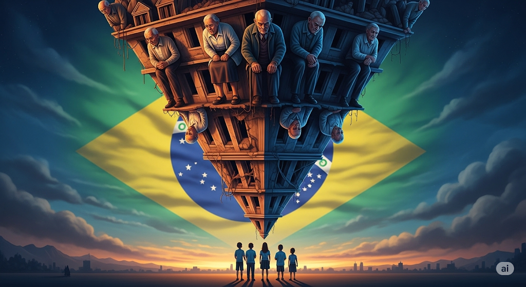 “Pirâmide etária invertida representada como um edifício prestes a desabar, com idosos no topo e jovens na base, simbolizando o colapso demográfico do Brasil.”