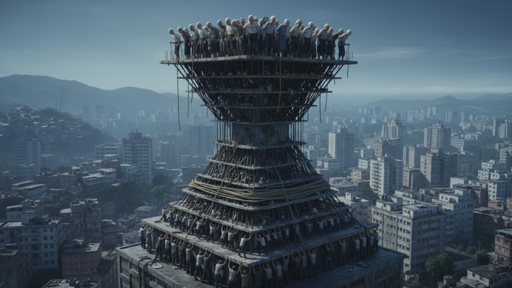 Pirâmide etária brasileira invertida, representada como um edifício instável com idosos no topo e jovens na base, simbolizando o risco estrutural da transição demográfica.