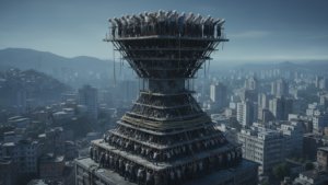 Pirâmide etária brasileira invertida, representada como um edifício instável com idosos no topo e jovens na base, simbolizando o risco estrutural da transição demográfica.