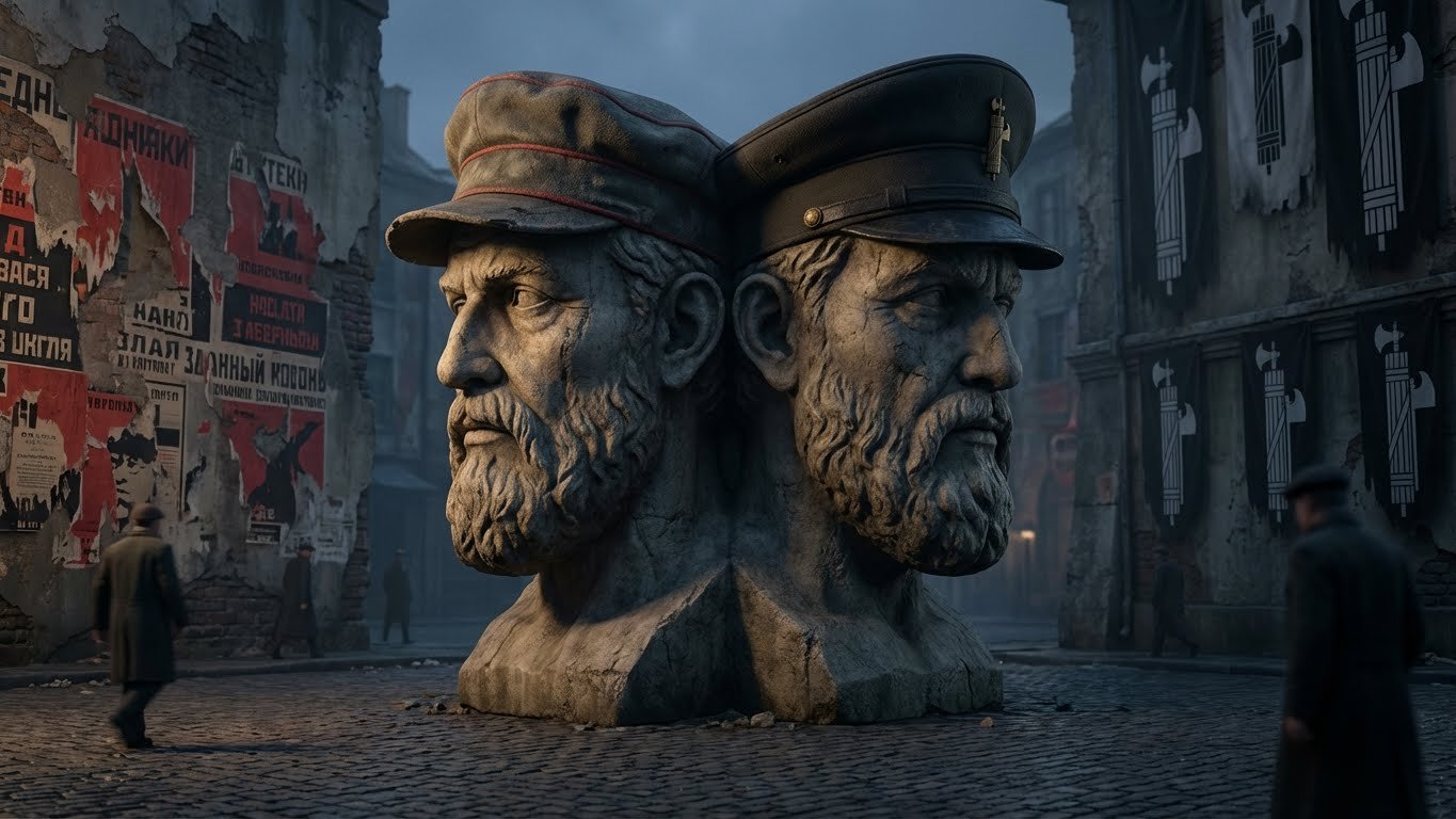 Estátua de Janus com duas faces opostas, representando a tensão entre raízes socialistas e deriva autoritária na origem do fascismo.
