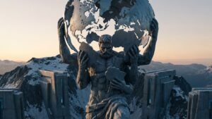 Figura arquetípica de Atlas segurando um globo dividido em múltiplos polos representando o BRICS e a ordem multipolar.