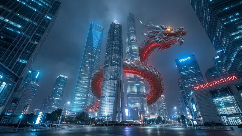 Dragão vermelho estilizado representando a continuidade histórica e civilizacional da China sob o comunismo.