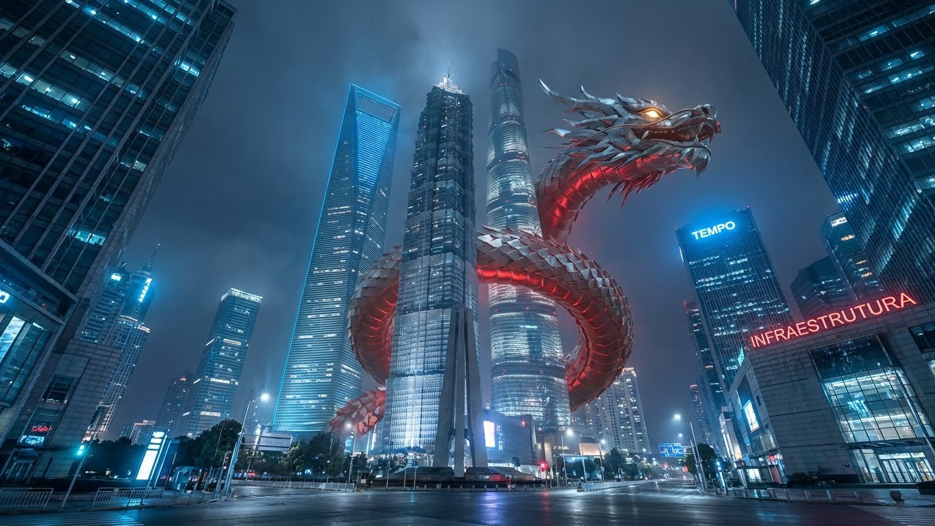 Dragão vermelho estilizado representando a continuidade histórica e civilizacional da China sob o comunismo.