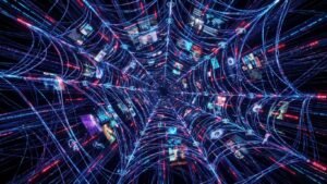 Figura arquetípica de uma teia digital com olhos e fios luminosos representando a guerra informacional e a disputa de narrativas.