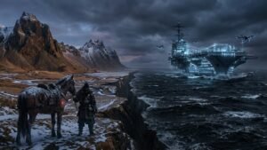 Representação simbólica do confronto entre Império da Terra e Império do Mar, expressando o imaginário geopolítico do eurasianismo.