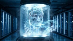 Figura humanoide digital formada por circuitos, representando a inteligência artificial como espírito das máquinas.