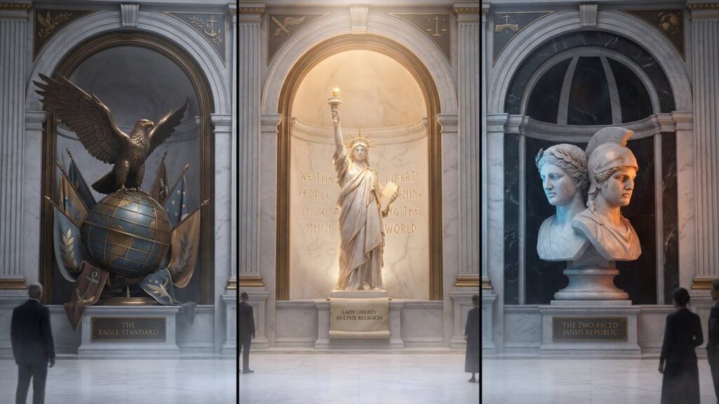 Triptych arquetípico com águia imperial, figura luminosa inspirada na Liberdade e uma cabeça dupla de Jano representando o imperialismo liberal norte-americano.