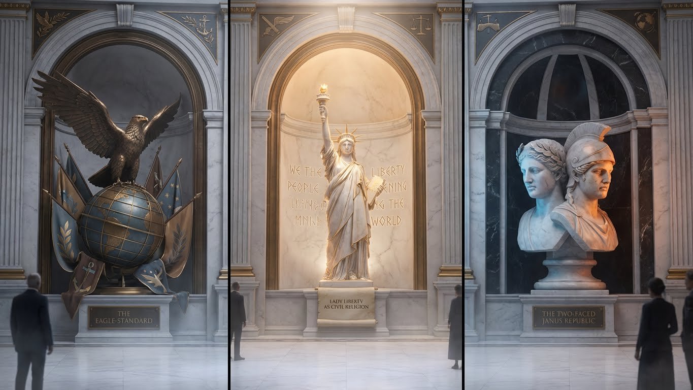 Triptych arquetípico com águia imperial, figura luminosa inspirada na Liberdade e uma cabeça dupla de Jano representando o imperialismo liberal norte-americano.
