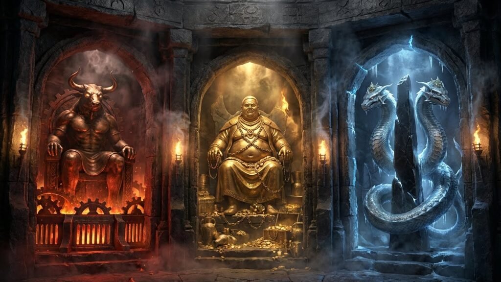 Triptych com representações clássicas de Moloch, Mammon e do Leviatã de duas cabeças em nichos de pedra iluminados por luz ritual.