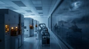 Interior de fábrica de semicondutores com máquinas de litografia EUV iluminadas em azul, enquanto silhuetas de navios militares cruzam o Estreito de Taiwan ao fundo sob neblina densa.