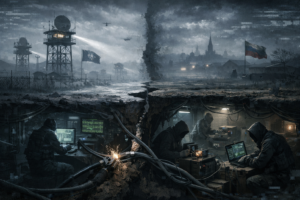 Paisagem de fronteira dividida por barreira de concreto ao amanhecer, com névoa e equipamentos abandonados — símbolo do impasse estrutural da guerra Rússia OTAN.