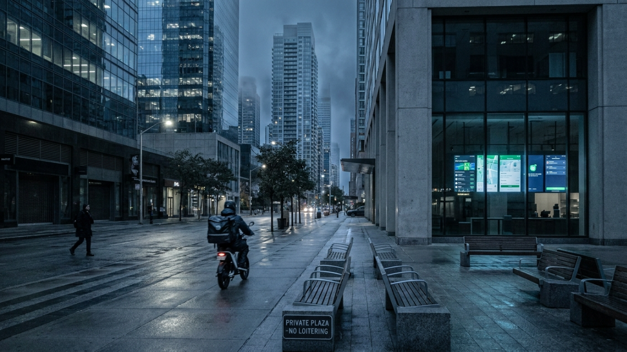 Entregador de aplicativo atravessa avenida vazia em cidade moderna ao entardecer, com praça privatizada e dark kitchen ao fundo — infraestrutura urbana da economia da solidão.