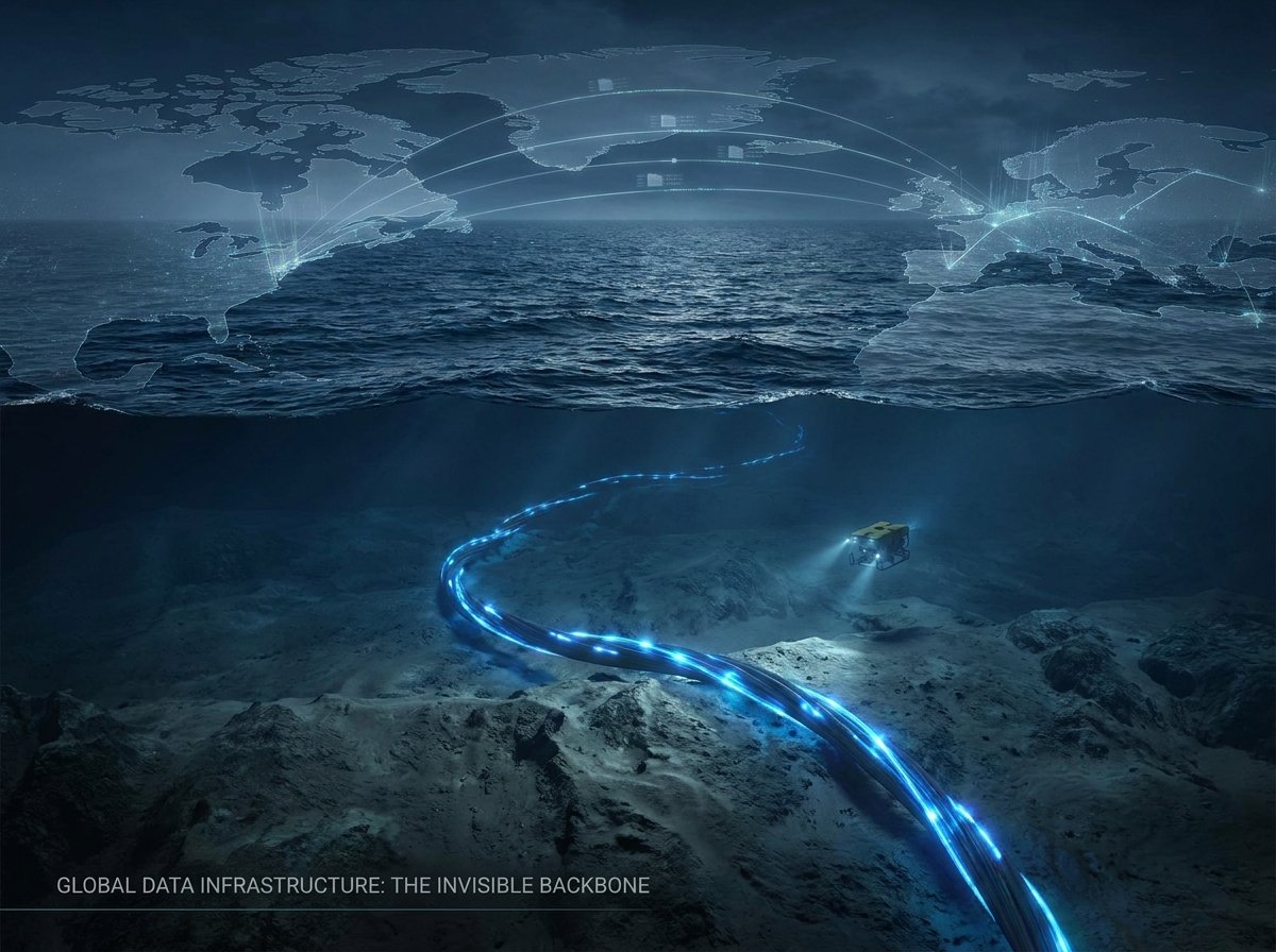 Cabo submarino de fibra óptica transportando dados entre continentes no fundo do oceano.