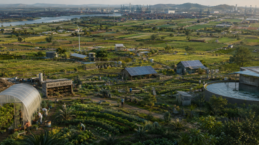 Paisagem agrícola resiliente integrando agroecologia, permacultura, gestão da água, produção diversificada e autonomia territorial.