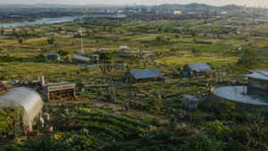 Paisagem agrícola resiliente integrando agroecologia, permacultura, gestão da água, produção diversificada e autonomia territorial.